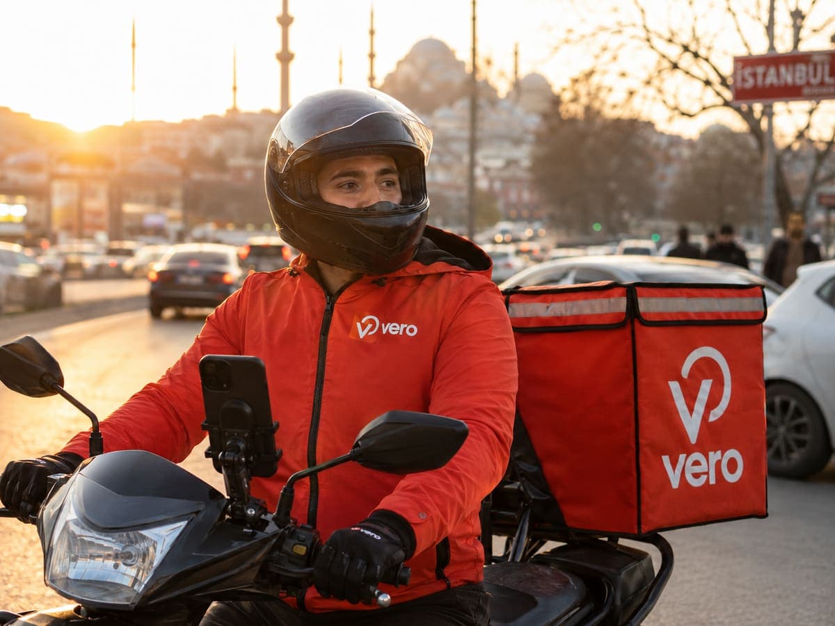 Vero kuryesi motosikletiyle İstanbul trafiğinde teslimata giderken