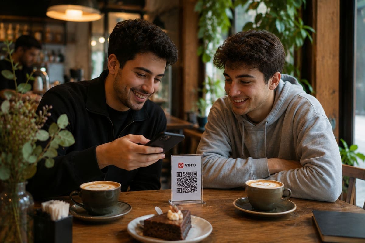 İki müşteri kafede masadaki Vero QR menü standını okutuyor