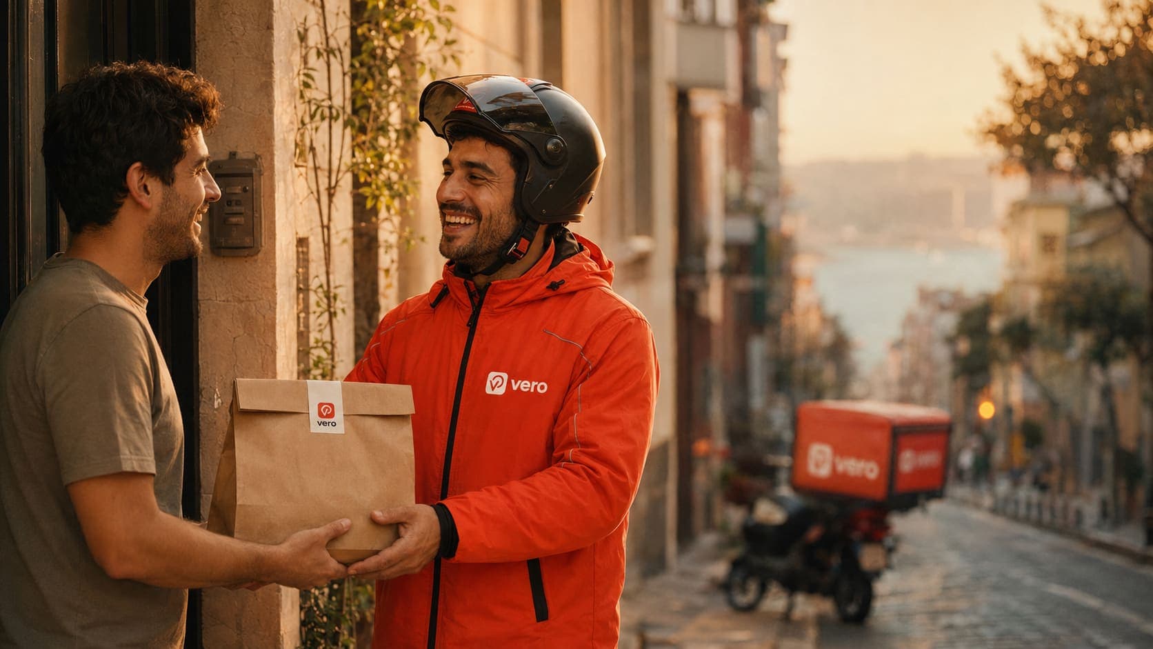 Vero kuryesi siparişi müşteriye kapıda teslim ediyor